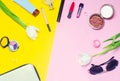 A set of female cosmetics, fashion, style, accessories, glamor, elegance. top view flat lay Royalty Free Stock Photo