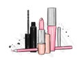 A set of female cosmetics - lipstick, lip gloss, pencil, mascara. Fashion and style, vector illustration. Cosmetics and makeup.