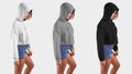 Set of a female crop top on a woman, her head bowed, side view, hoodie for design presentation