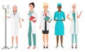 Set of female doctors in different poses. Woman doctor nurse. Vector illustration.