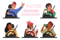 Set Of Female Driver Characters In Danger Situations. Women Sleep, Call By Phone, Eating, Drink Alcohol, Arguing