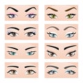 Set of female eyes and eyebrows. Vector illustration, eps10