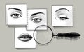 Set of female eyes and lips on cards and magnifying glass