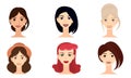 Set of female faces with different hairstyles and hair colors vector illustration Royalty Free Stock Photo