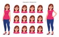 Set of female facial expression. Collection of girl / woman`s emotions.