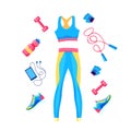 Set of female fitness equipment. Top, leggins, dumbbell, rope and sneakers