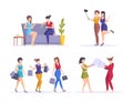 Set of female friends spending time together. Happy people having friendly meeting vector flat