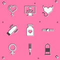 Set Female gender and heart, Monitor with 18 plus content, Devil horns, Dildo vibrator for sex games, Bottle pills