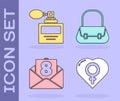 Set Female gender in heart, Perfume, Envelope with 8 March and Handbag icon. Vector