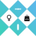 Set Female gender symbol, Dildo vibrator, Silicone ball gag and Shopping bag with triple X icon. Vector