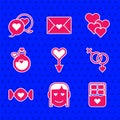 Set Female gender symbol, Romantic girl, Chocolate bar, Gender, Candy, Bottle with love potion, Heart and in speech