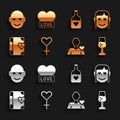 Set Female gender symbol, Romantic girl, Glass of champagne, Love diary, Bottle with love potion, and Heart icon. Vector