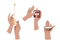 Set of female hands hold burning candles. Candlestick with long candle, candle in jar and in coconut shell. Decor