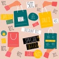 Set with Female hands hold shopping bag for sale. Discount labels with various percents