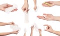 Set of female hands holding care objects - pads and tampon sisolated on white background - Image