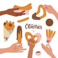Set of female hands holding churros with chocolate sauce. Mexican snack. Hand drawn flat vector illustration. Churro