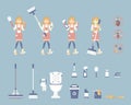 Set of female housekeeper, woman holding toilet brush and sponge, cleaning toilet, bathroom with mop, broom, bin, bucket, spray