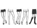 Set of female legs with different shoes and clothes. Sketch scratch board imitation. Black and white.