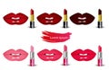 Set female lips kiss with lipsticks on isolated background