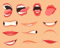 Set of female lips with various mouth emotions and expressions. Vector illustration. Royalty Free Stock Photo