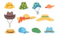 Set female and male summer hats. Panamas, caps, baseball hat, cowboy hat, straw hats. Stylish modern design.