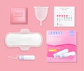 Set of female menstrual cycle hygiene products. Sanitary napkin, tampons, pills, calendar, package