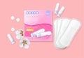 Set of female menstrual cycle hygiene products. Sanitary napkin, tampons, pills. Flower decoration