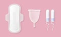 Set of female menstrual cycle sanitary napkins, tampons and cup on rose background