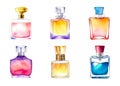 Set of Female Perfume Bottles. Collection of different women perfume bottles, watercolor style. Isolated on white Royalty Free Stock Photo