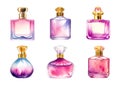 Set of Female Perfume Bottles. Collection of different women perfume bottles, watercolor style. Isolated on white Royalty Free Stock Photo