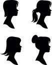 Set of female portraits with different hairstyles, isolated female stylized black silhouettes in profile on a white background. Royalty Free Stock Photo