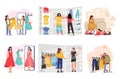 Set Of Female Shopper Characters Browsing Clothes Racks, Trying On Various Outfits And Seeking Stylish Garments