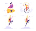 Set Female Super Employee with Arms Akimbo Flying on Golden Rocket and Riding Monocycle Juggling Light Bulbs