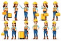 set with female worker in different posesset with female worker in different posesset of cute cartoon character of construction wo Royalty Free Stock Photo