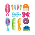Set of feminine hair accessories. Items for woman hairdo styling. Elastic bands, bows, hoops, hairpins, combs, invisible, crown.
