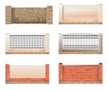 Set of fence. Stone and brick with concrete plaster. Forged iron. Isolated on white background Vector.