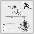 Set of fencing sport emblems with fencer in helmet. Swordsman Equipment.