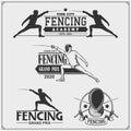 Set of fencing sport emblems with fencer in helmet. Swordsman Equipment.