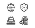 Ferris wheel, 24 hours and Typewriter icons. Bill accounting sign. Attraction park, Protection, Instruction. Vector