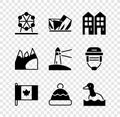 Set Ferris wheel, Royal Ontario museum, House, Flag of Canada, Beanie hat, Flying duck, Mountains and Lighthouse icon Royalty Free Stock Photo