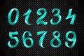 Set of festive blue ribbon digits vector. iridescent gradient number geometric design on black background
