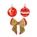 Set of festive christmas tree decorations, red glass baubles and christmas tree bow