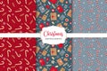 Set of festive christmass seamless patterns with Christmas gifts, candies and Christmas decorations