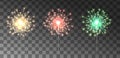 Set festive colour sparklers, new year fireworks, red, green, yellow color, burning bengal fire on dark background.