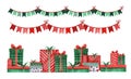 Set of festive decorative elements. Upper lower border. Multi-colored paper flags on ribbon. bunch of gifts. Red and