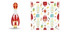 Set of festive illustration. Saint nicholas character isolated on white. Seamless winter pattern with gifts and star