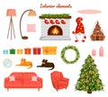 Set of festive interior elements with a Christmas tree, gifts, a fireplace, furniture and more. Cozy christmas night