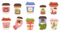 Set Festive Paper Cups with Christmas Motifs. Deer, Car, Polar Bear, Cute Penguin, Santa Claus and Decorated Pine Tree