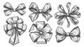 Set of festive ribbon bows. Design elements for decoration. Vintage sketch vector illustration engraving style