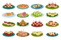 Set of festive snacks. Canape fresh snack and tasty appetizers for party menu cartoon vector